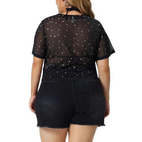 Mesh Top Plus Size Silver Star Print Short Sleeve Sheer Crop Tops Black - Picture 4 of 5